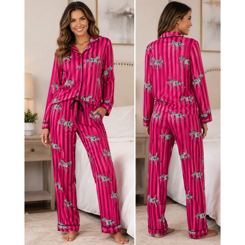 Room Service Pink Zebra Stripe Pajama Set Long Sleeve Button Down Pants Medium